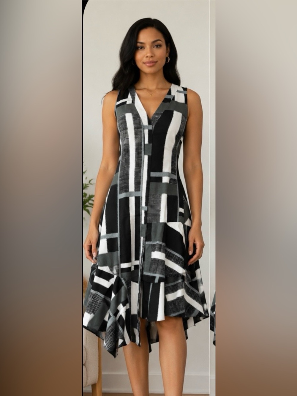 Josie Natori Cotton Dress Size 6 Abstract Geometric Print Asymmetrical Hem